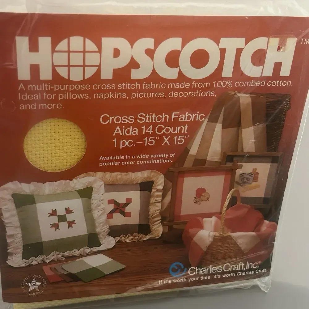 Lot of 3 Hopscotch Cross Stitch Fabric Green, Yellow, Red NOS Charles Craft VTG